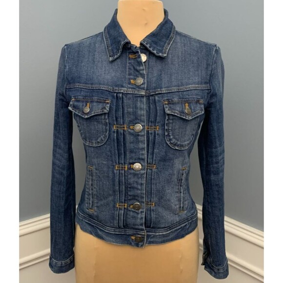 J Crew Jacket Womens XS Denim Trucker Jeans Fitted Button Up Dark Wash Stretch - Picture 1 of 9